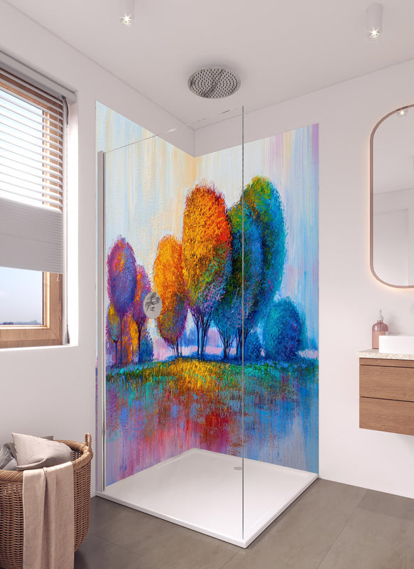 Duschrückwand - Abstrakte bunte Malerei eines Waldes in hellem Badezimmer mit Regenduschkopf  - zweiteilige Eck-Duschrückwand