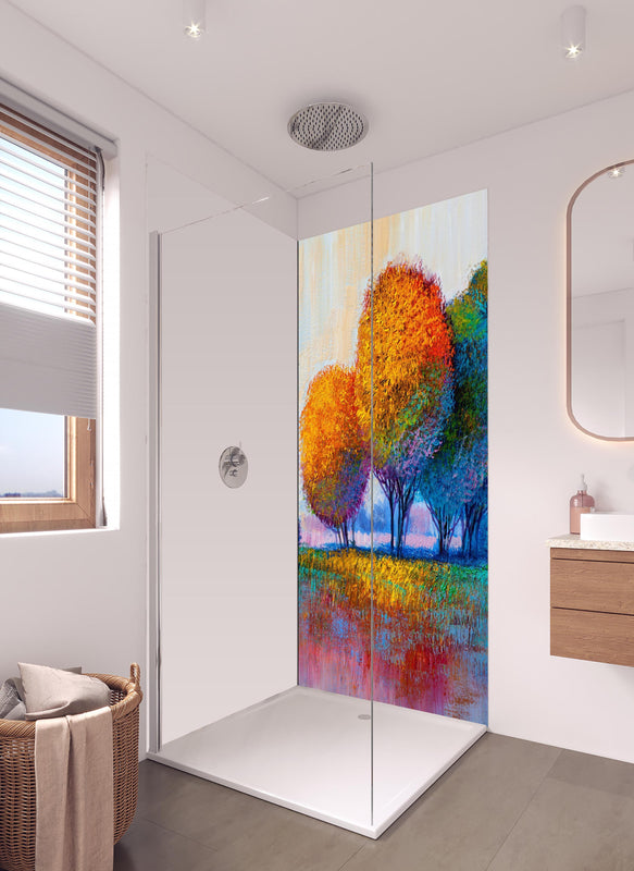 Duschrückwand - Abstrakte bunte Malerei eines Waldes in hellem Badezimmer mit Regenduschkopf - einteilige Duschrückwand