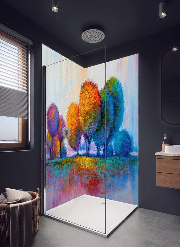 Duschrückwand - Abstrakte bunte Malerei eines Waldes in dunklem Badezimmer mit Regenduschkopf