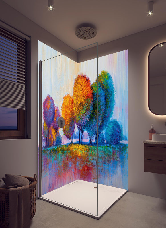 Duschrückwand - Abstrakte bunte Malerei eines Waldes in cremefarbenem Badezimmer mit Regenduschkopf