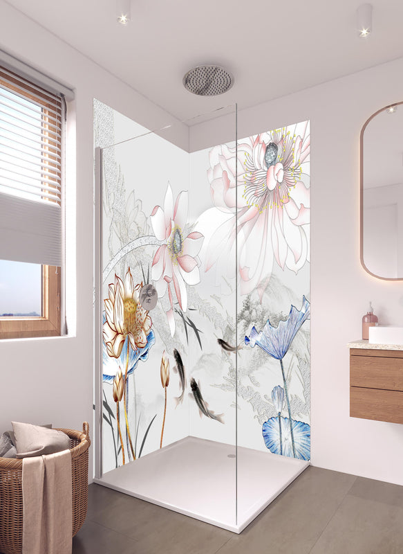 Duschrückwand - Abstrakte japanische Illustration in hellem Badezimmer mit Regenduschkopf  - zweiteilige Eck-Duschrückwand