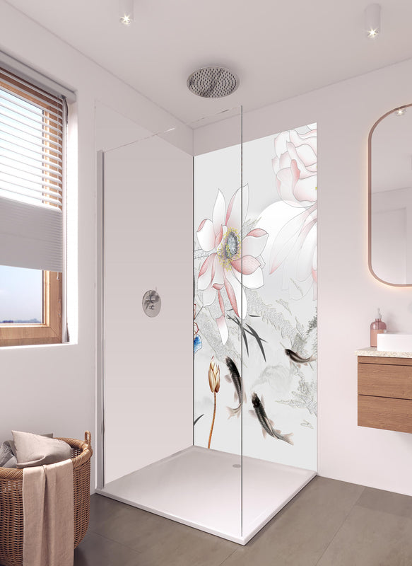 Duschrückwand - Abstrakte japanische Illustration in hellem Badezimmer mit Regenduschkopf - einteilige Duschrückwand