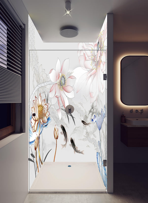 Duschrückwand - Abstrakte japanische Illustration in luxuriöser Dusche mit Regenduschkopf
