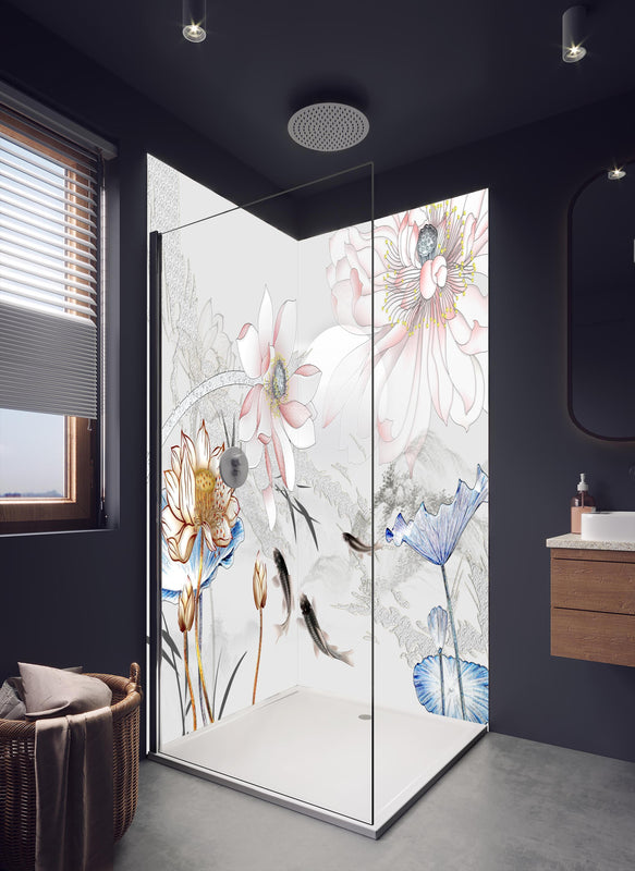 Duschrückwand - Abstrakte japanische Illustration in dunklem Badezimmer mit Regenduschkopf