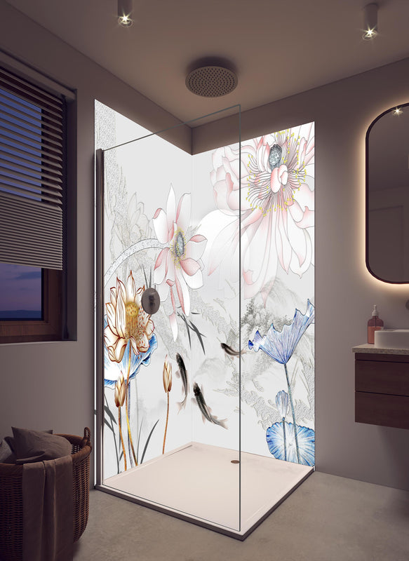 Duschrückwand - Abstrakte japanische Illustration in cremefarbenem Badezimmer mit Regenduschkopf