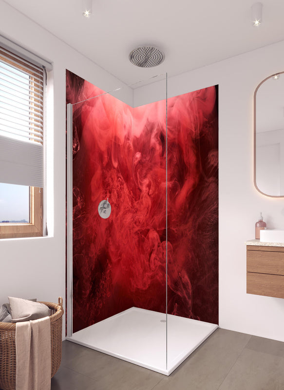 Duschrückwand - Abstrakter roter Ozean in hellem Badezimmer mit Regenduschkopf  - zweiteilige Eck-Duschrückwand