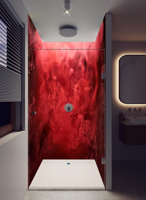Duschrückwand - Abstrakter roter Ozean in luxuriöser Dusche mit Regenduschkopf