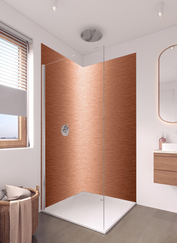 Duschrückwand - Alu gebürstet kupferfarbig in hellem Badezimmer mit Regenduschkopf  - zweiteilige Eck-Duschrückwand