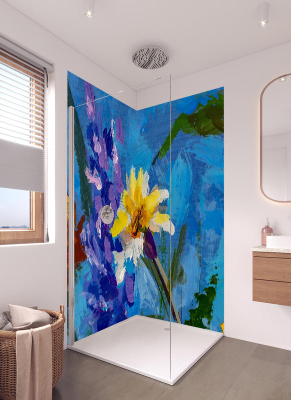 Duschrückwand - Aquarell Blumengemälde (Claude Monet) in hellem Badezimmer mit Regenduschkopf  - zweiteilige Eck-Duschrückwand