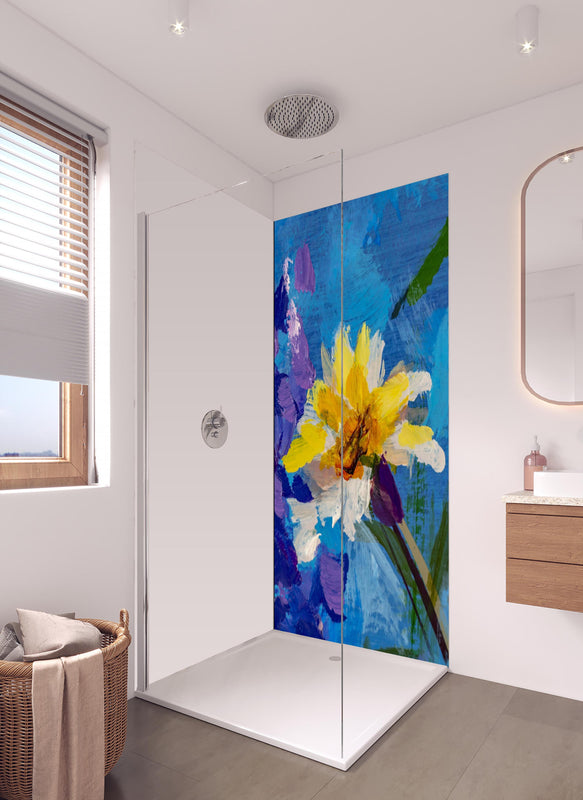 Duschrückwand - Aquarell Blumengemälde (Claude Monet) in hellem Badezimmer mit Regenduschkopf - einteilige Duschrückwand