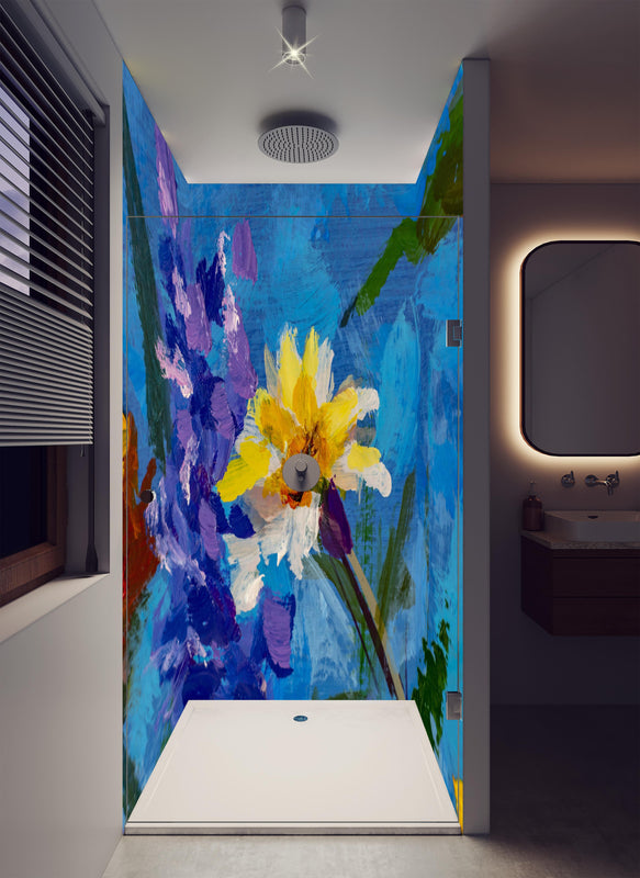 Duschrückwand - Aquarell Blumengemälde (Claude Monet) in luxuriöser Dusche mit Regenduschkopf