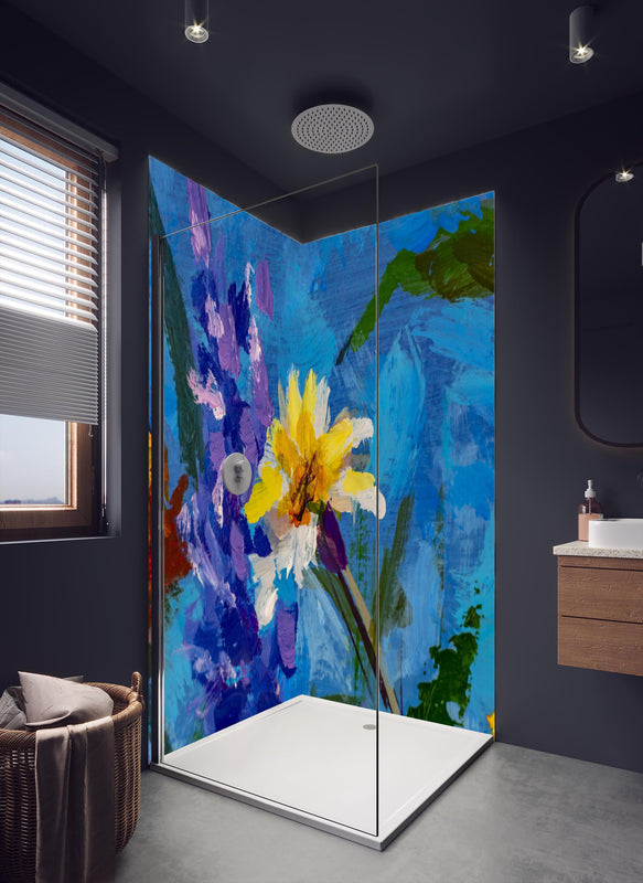 Duschrückwand - Aquarell Blumengemälde (Claude Monet) in dunklem Badezimmer mit Regenduschkopf