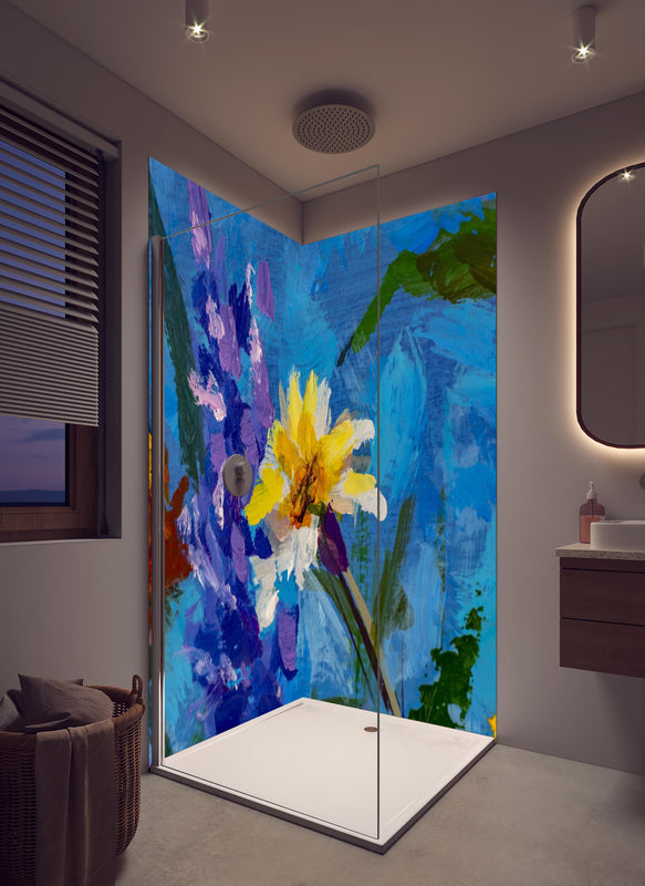 Duschrückwand - Aquarell Blumengemälde (Claude Monet) in cremefarbenem Badezimmer mit Regenduschkopf