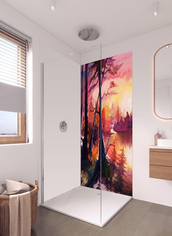 Duschrückwand - Aquarell Waldlandschaft Malerei in hellem Badezimmer mit Regenduschkopf - einteilige Duschrückwand
