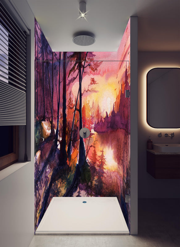 Duschrückwand - Aquarell Waldlandschaft Malerei in luxuriöser Dusche mit Regenduschkopf