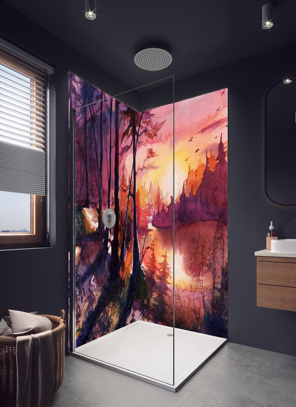 Duschrückwand - Aquarell Waldlandschaft Malerei in dunklem Badezimmer mit Regenduschkopf