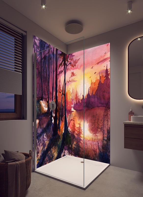 Duschrückwand - Aquarell Waldlandschaft Malerei in cremefarbenem Badezimmer mit Regenduschkopf