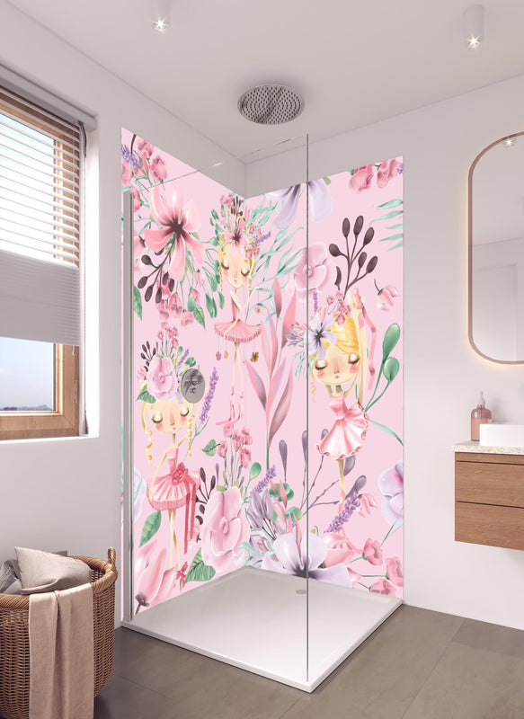 Duschrückwand - Aquarell floralen mit niedlichen Ballett in hellem Badezimmer mit Regenduschkopf  - zweiteilige Eck-Duschrückwand