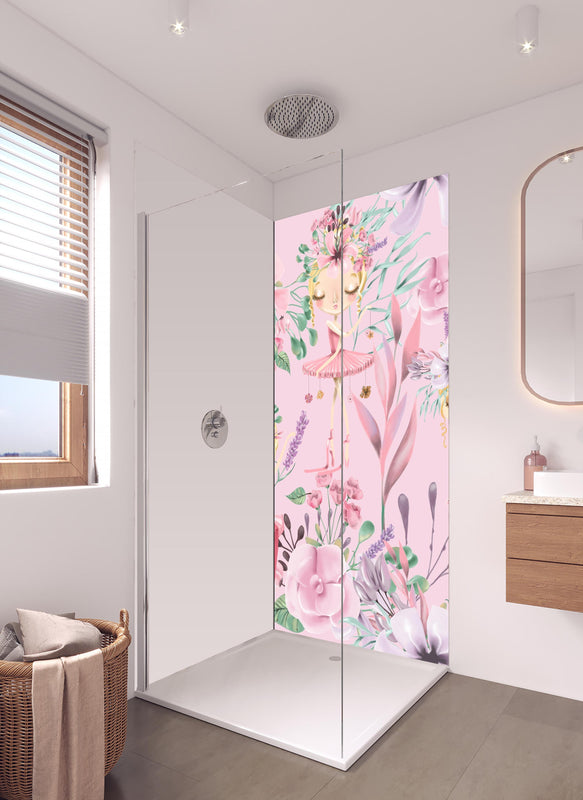 Duschrückwand - Aquarell floralen mit niedlichen Ballett in hellem Badezimmer mit Regenduschkopf - einteilige Duschrückwand