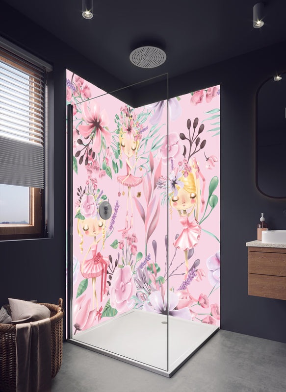 Duschrückwand - Aquarell floralen mit niedlichen Ballett in dunklem Badezimmer mit Regenduschkopf