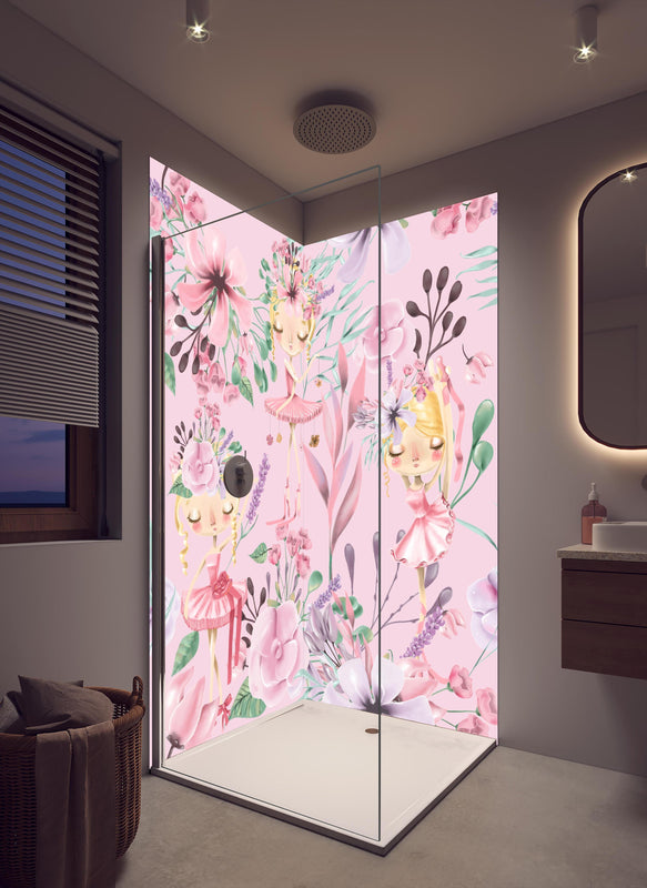 Duschrückwand - Aquarell floralen mit niedlichen Ballett in cremefarbenem Badezimmer mit Regenduschkopf