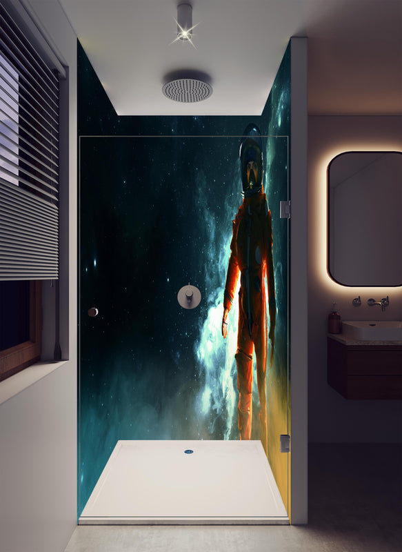Duschrückwand - Astronaut im Weltraum in luxuriöser Dusche mit Regenduschkopf