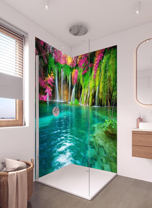 Duschrückwand - Atemberaubende Kaskade auf Kornati-Inseln in hellem Badezimmer mit Regenduschkopf  - zweiteilige Eck-Duschrückwand