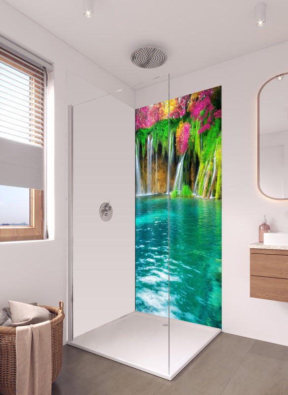 Duschrückwand - Atemberaubende Kaskade auf Kornati-Inseln in hellem Badezimmer mit Regenduschkopf - einteilige Duschrückwand