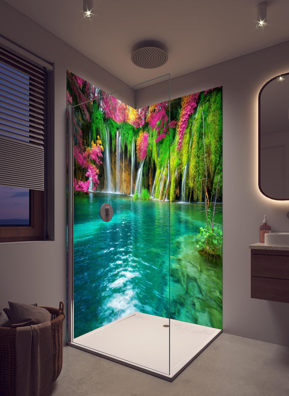 Duschrückwand - Atemberaubende Kaskade auf Kornati-Inseln in cremefarbenem Badezimmer mit Regenduschkopf