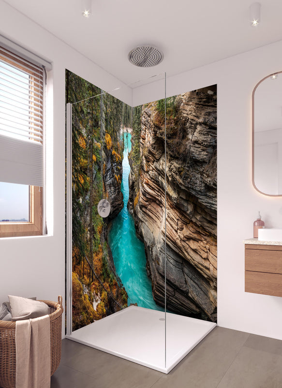 Duschrückwand - Athabasca Wasserfälle - Kanada in hellem Badezimmer mit Regenduschkopf  - zweiteilige Eck-Duschrückwand