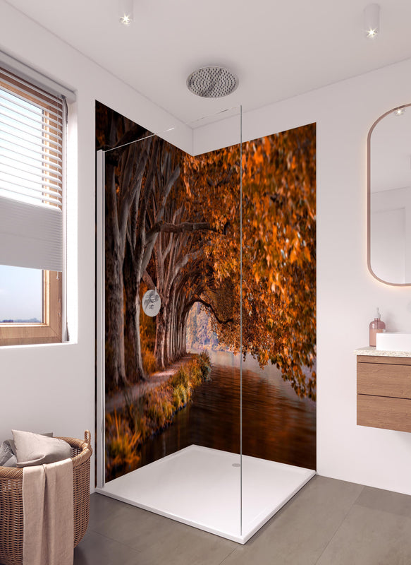 Duschrückwand - Baldeneysee in Essen im Herbst in hellem Badezimmer mit Regenduschkopf  - zweiteilige Eck-Duschrückwand