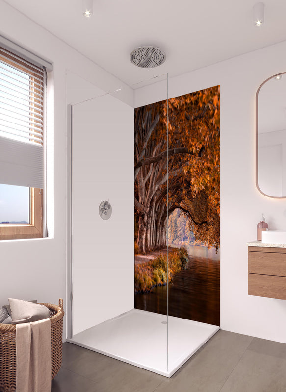 Duschrückwand - Baldeneysee in Essen im Herbst in hellem Badezimmer mit Regenduschkopf - einteilige Duschrückwand