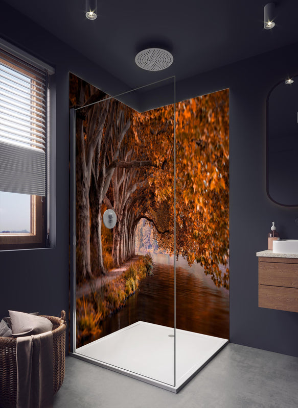 Duschrückwand - Baldeneysee in Essen im Herbst in dunklem Badezimmer mit Regenduschkopf