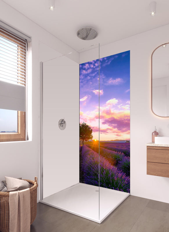 Duschrückwand - Baum im Lavendelfeld bei Sonnenuntergang in der Provence in hellem Badezimmer mit Regenduschkopf - einteilige Duschrückwand