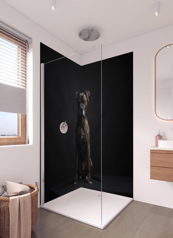 Duschrückwand - Boxer Staffordshire Hund in hellem Badezimmer mit Regenduschkopf  - zweiteilige Eck-Duschrückwand