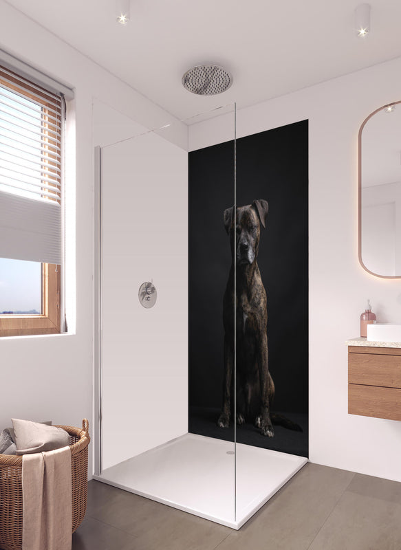 Duschrückwand - Boxer Staffordshire Hund in hellem Badezimmer mit Regenduschkopf - einteilige Duschrückwand