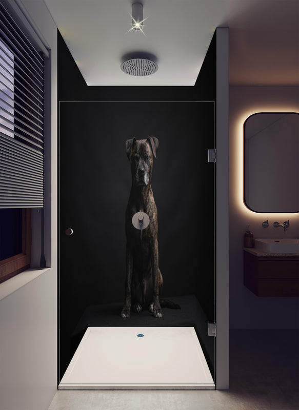 Duschrückwand - Boxer Staffordshire Hund in luxuriöser Dusche mit Regenduschkopf