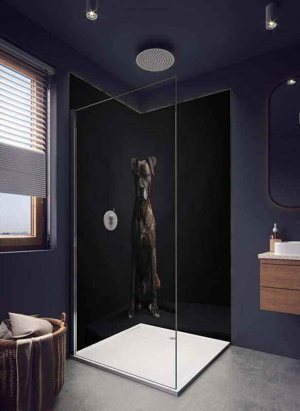 Duschrückwand - Boxer Staffordshire Hund in dunklem Badezimmer mit Regenduschkopf