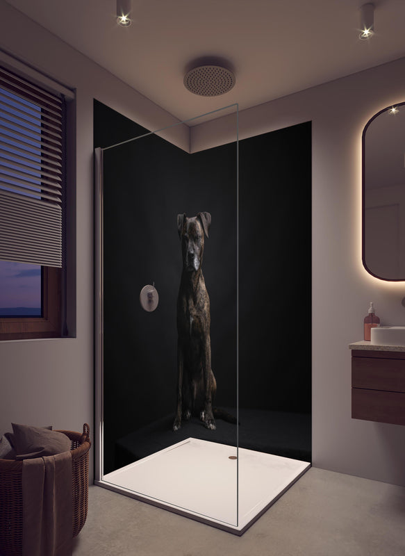 Duschrückwand - Boxer Staffordshire Hund in cremefarbenem Badezimmer mit Regenduschkopf