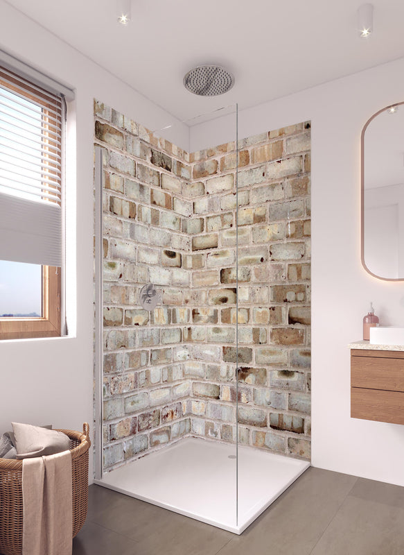 Duschrückwand - Braune verschimmelte Ziegelmauer in hellem Badezimmer mit Regenduschkopf  - zweiteilige Eck-Duschrückwand