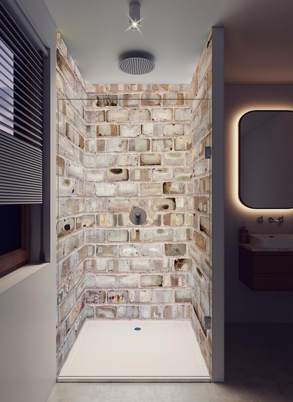 Duschrückwand - Braune verschimmelte Ziegelmauer in luxuriöser Dusche mit Regenduschkopf
