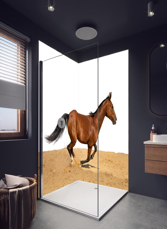 Duschrückwand - Braunes Pferd galoppiert durch den Sand in dunklem Badezimmer mit Regenduschkopf