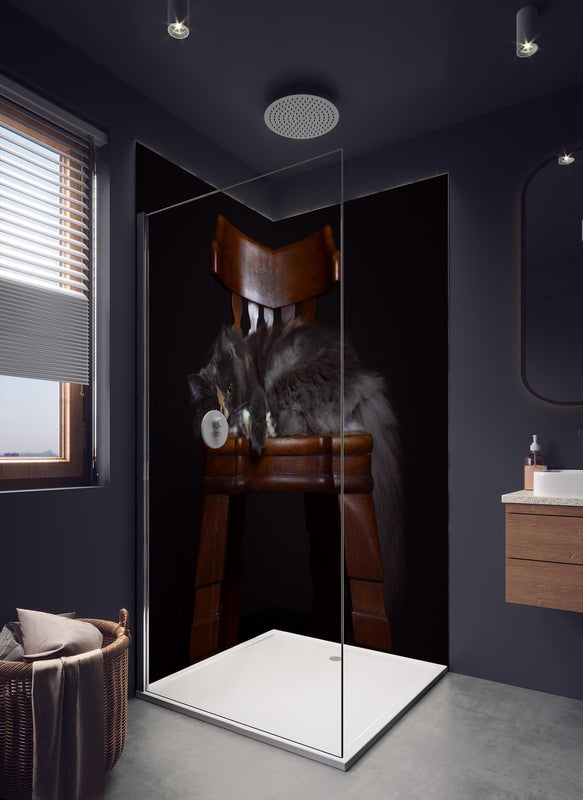 Duschrückwand - Britisch Langhaarkatze auf Holzstuhl in dunklem Badezimmer mit Regenduschkopf