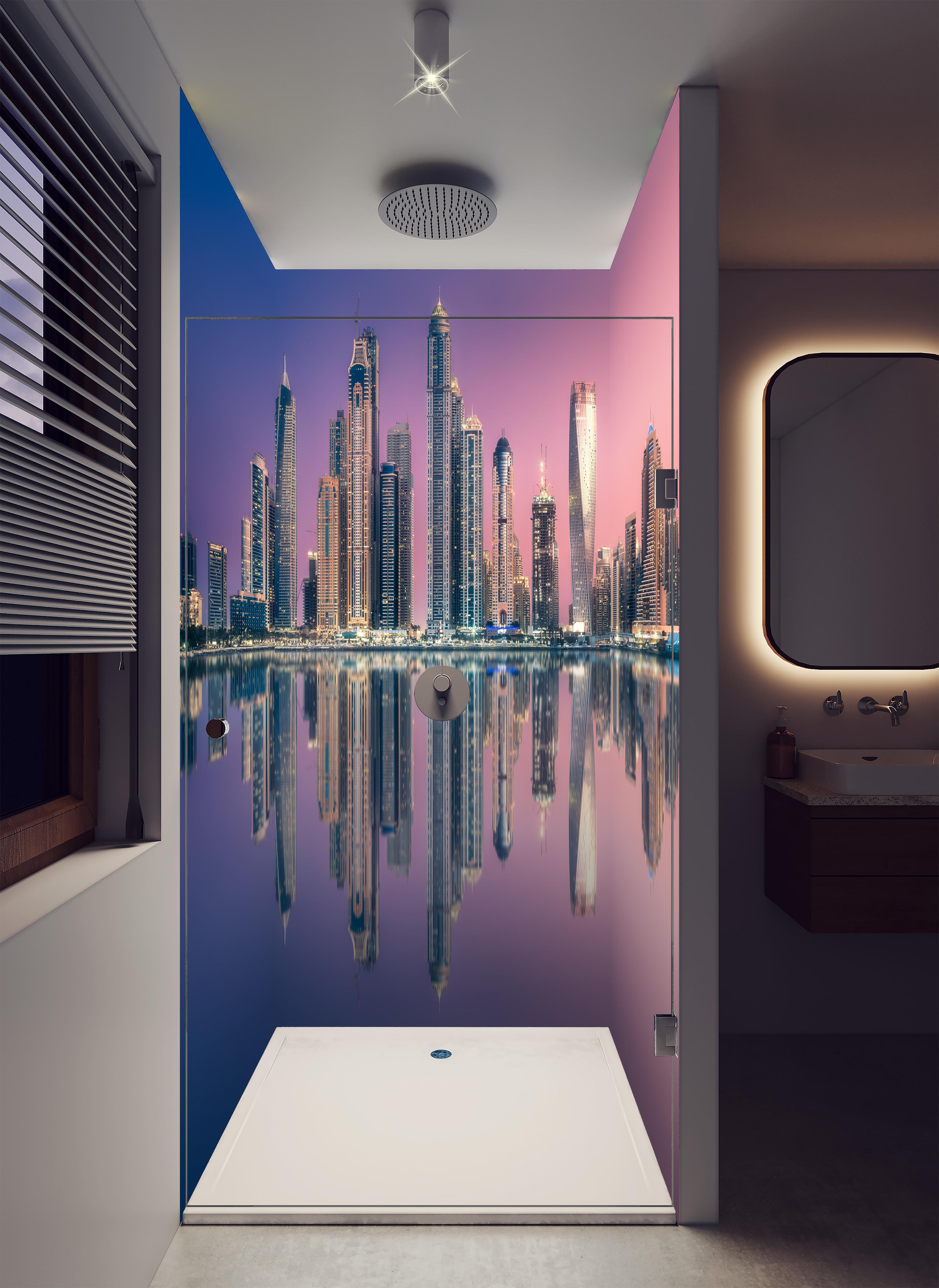 Duschrückwand - Die Bucht von Dubai Marina Aussicht von Palm Jumeirah in luxuriöser Dusche mit Regenduschkopf