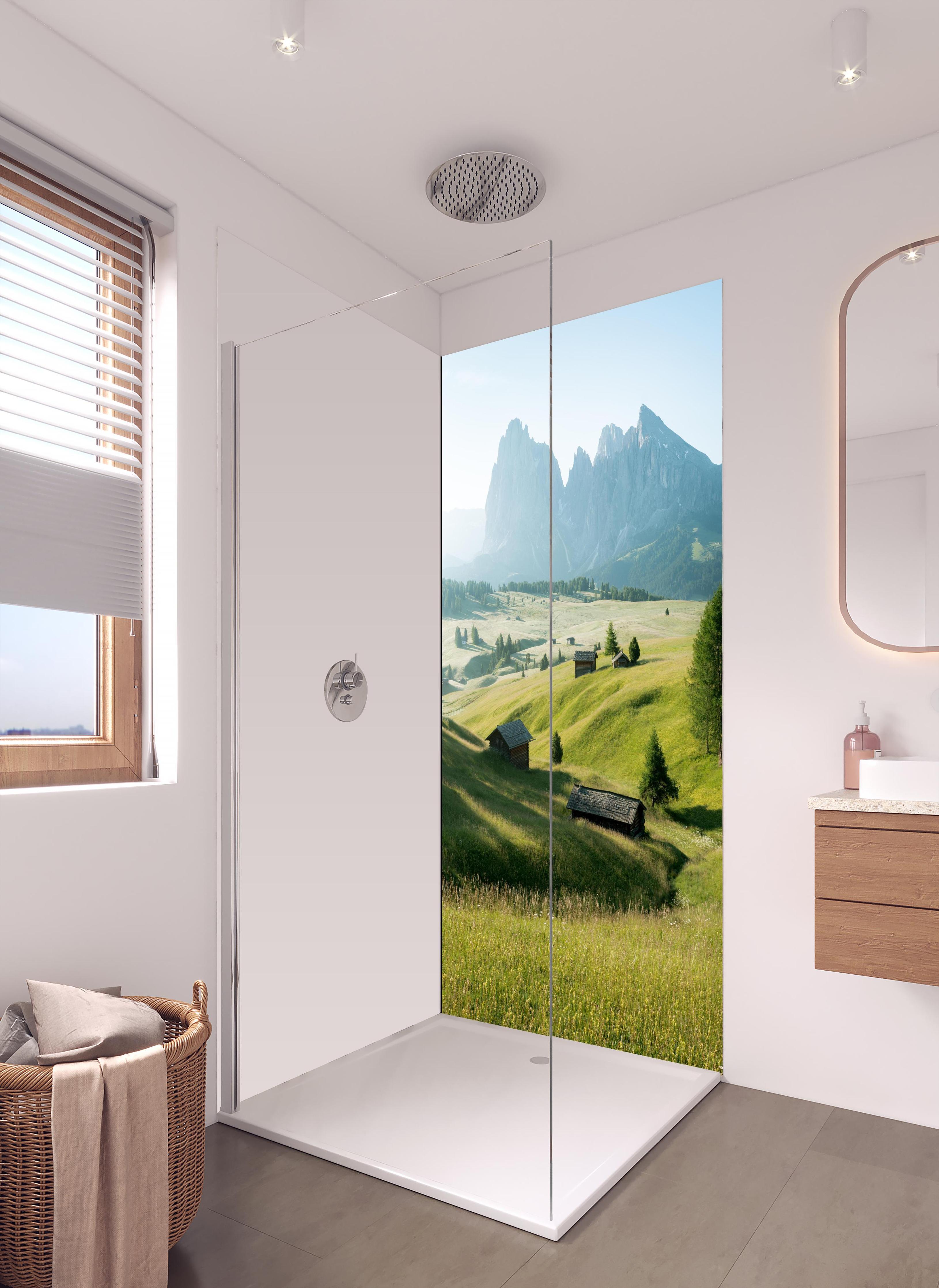 Duschrückwand - Dolomiten Berglandschaft auf der Seiser Alm in hellem Badezimmer mit Regenduschkopf - einteilige Duschrückwand