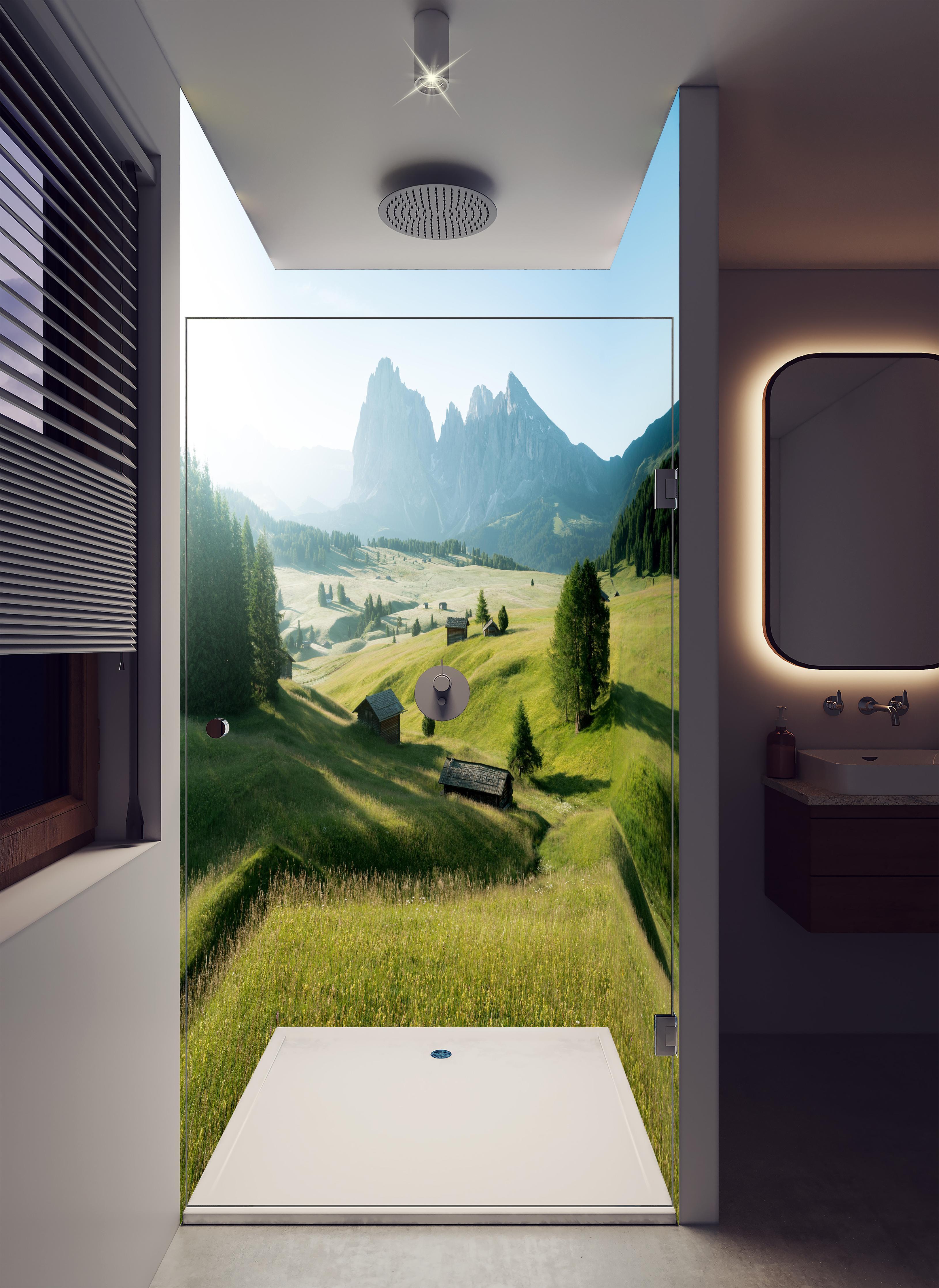 Duschrückwand - Dolomiten Berglandschaft auf der Seiser Alm in luxuriöser Dusche mit Regenduschkopf