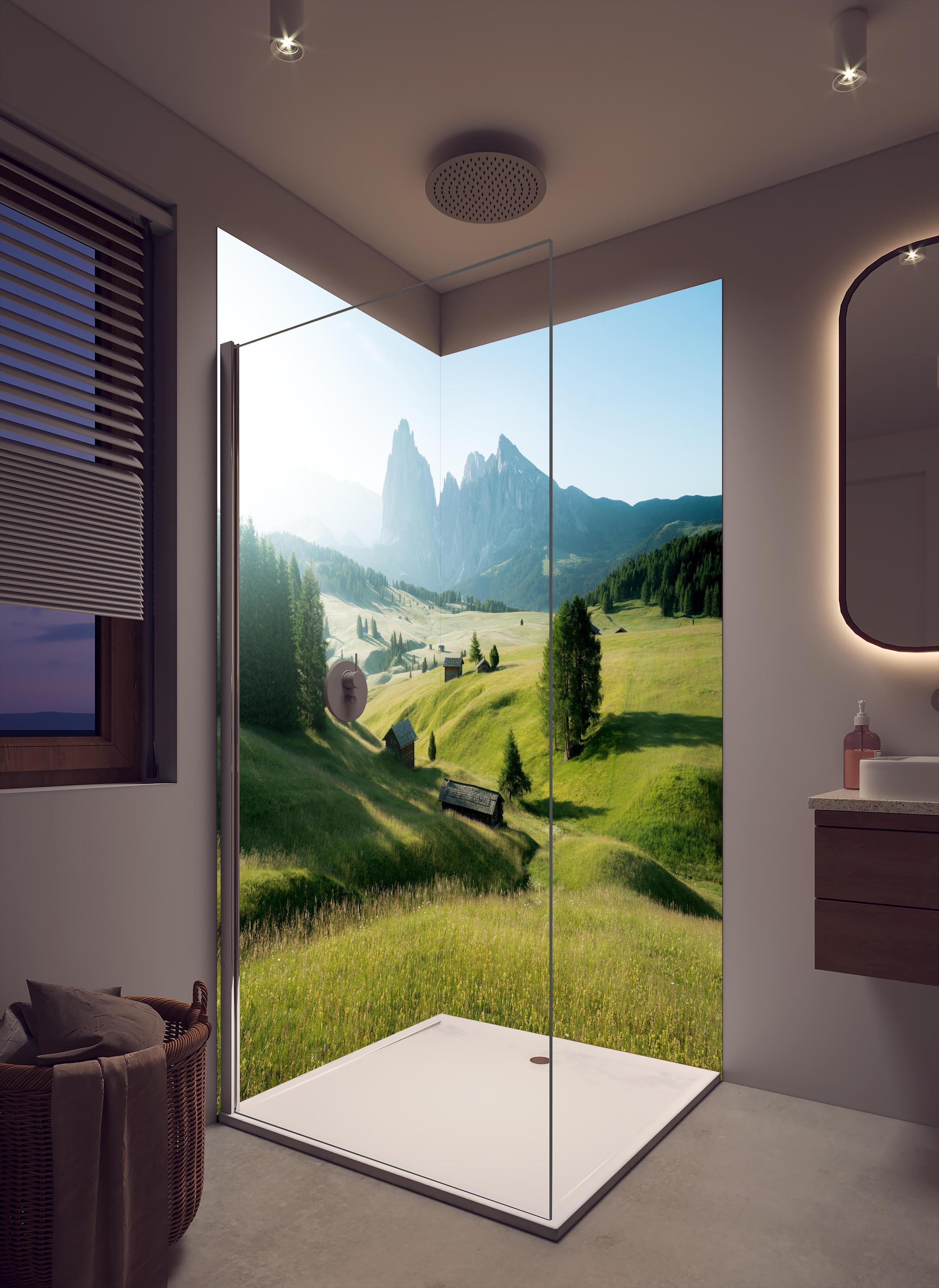 Duschrückwand - Dolomiten Berglandschaft auf der Seiser Alm in cremefarbenem Badezimmer mit Regenduschkopf