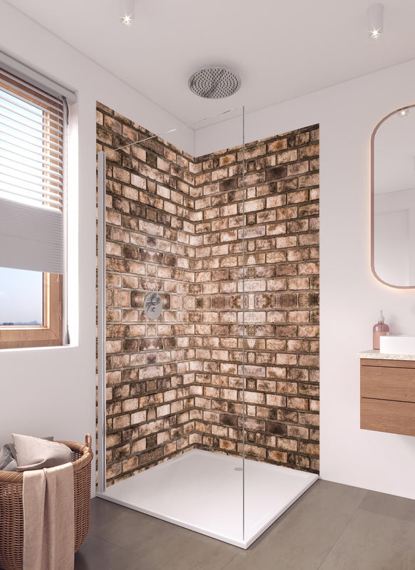 Duschrückwand - Dunkelbraune Steinmauer in hellem Badezimmer mit Regenduschkopf  - zweiteilige Eck-Duschrückwand