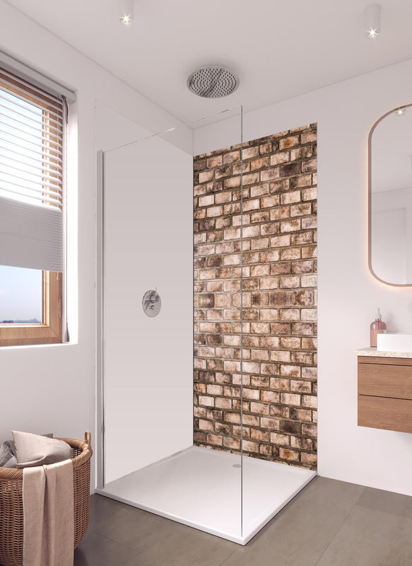 Duschrückwand - Dunkelbraune Steinmauer in hellem Badezimmer mit Regenduschkopf - einteilige Duschrückwand