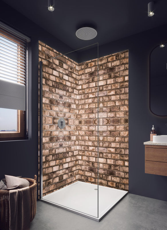 Duschrückwand - Dunkelbraune Steinmauer in dunklem Badezimmer mit Regenduschkopf